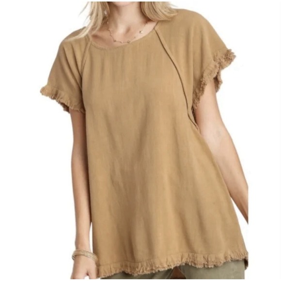 Umgee Tops - Umgee Top Women's Small Camel Linen Blend Short Sleeve Oversized Classic Beach
